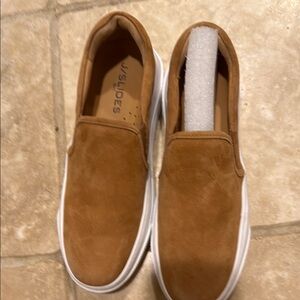 J/SLIDES Tan Suede Slip-On Loafers with Rubber Sole Womens
